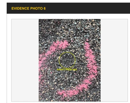 Close-up roof inspection photograph of a hail impact circled in pink chalk on a granulated shingle surface